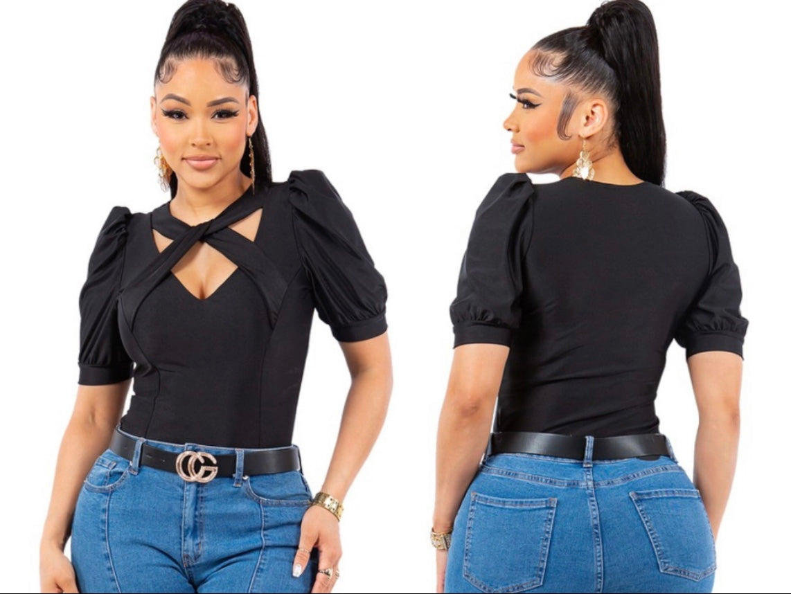 Cross neck shoulder puff top