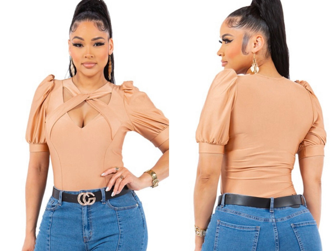 Cross neck shoulder puff top